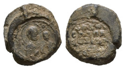 PB Byzantine lead seal (AD 10th–11th centuries)
Obv: Half-length of the Mother of God holding the Child in her left arm. Sigla invisible. Border of do...