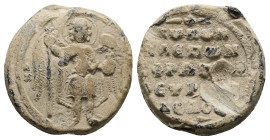 PB Byzantine anonymous seal, metropolitan of Chonai (c. AD 11th–12th centuries)
Obv: St Michael standing, wings outspread, holding the globus crucige...