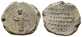 PB Byzantine seal Leon Aphraziotes proedros and great hetaireiarches (AD 11th century)
Obv: St. Michael in military attire standing with labarum and ...