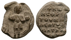PB Byzantine seal of Constantine (AD 11th century)
Obv: Archangel St. Michael standing frontally, holding a globus in his left hand. 
Rev: Inscription...