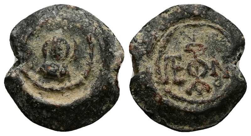 PB Byzantine seal of Epiphanios (AD 7th century)
Obv: Bust of the Virgin, nimbat...