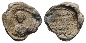PB Byzantine seal of George (AD 11th century)
Obv: Bust of St George holding a spear and shield. Inscription on either side: ὁ ἅ(γιος) Γεώργ(ιος). Bor...
