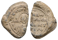 PB Byzantine seal of N., imperial protospatharios and strategos (AD 11th century)
Obv: Bust of the Mother of God with the medallion of Christ before h...