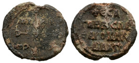 PB Byzantine seal of Esagaes, imperial spatharokandidatos (AD 9th century)
Obv: Cruciform invocative monogram: Θεοτόκε βοήθει; in the quarters: [τῷ] σ...