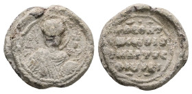 PB Byzantine seal of Leo (AD 11th century)
Obv: Bust of St Demetrios holding a spear and shield. Inscription on either side: ὁ ἅ(γιος) Δημήτ(ριος). B...