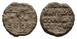 PB Byzantine seal of N., imperial spatharokandidatos and kleisouriarches of Seleukeia (AD 9th century)
Obv: Cruciform invocative monogram of indetermi...