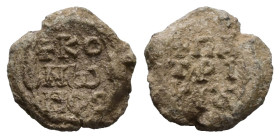 PB Byzantine seal of Konon, patrikios (AD 6th–7th centuries)
Obv: Inscription of three lines beginning with a cross: +Κόνωνος. Palm branch at left and...