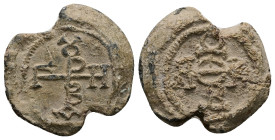 PB Byzantine monogrammatic seal of Gabriel (AD 6th–7th centuries)
Obv: Cruciform invocative monogram: Θεοτόκε βοήθει. Wreath border.
Rev: Cruciform mo...