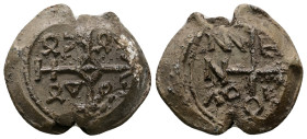 PB Byzantine monogrammatic lead seal (c. AD 7th century)
Obv: Cruciform invocative monogram. Wreath border.
Rev: Cruciform monogram. Wreath border.
We...
