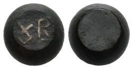 AE Late Roman bronze weight. 2 uncias (AD 3rd – 5th centuries)
Truncated sphere shaped; incised denominational mark: OY B (Οὐ(γγίαι) β´). It correspon...