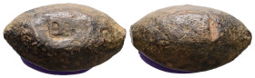 PB Roman sling bullet (AD 1st–3rd centuries)
Sling bullet with a letter: D.
Weight: 27.40 g.
Diameter: 29.02 mm.