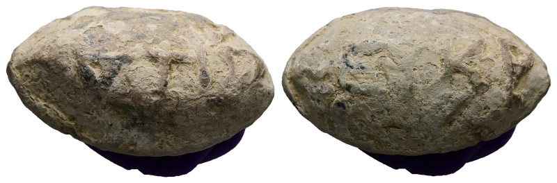 PB Greek sling bullet (c. 4th–1st centuries BC)
Lead sling bullet with the names...