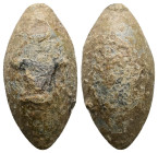 PB Greek sling bullet (c. 4th–1st centuries BC)
Sling bullet depicting a one-handled cup on one side.
Weight: 27.95 g.
Diameter: 31.64 mm.