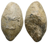 PB Greek sling bullet (c. 4th–1st centuries BC)
Sling bullet depicting a one-handled cup on one side.
Weight: 27.67 g.
Diameter: 29.30 mm.