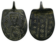 AE Byzantine amuletic pendant (AD 10th–12th centuries)
Flat oval pendant; amulet; bronze; with loop at the top; obverse, an engraved nimbed half-figur...