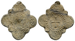 PB Byzantine pendant (AD 10th–12th centuries)
A lead pendant; with floriated ends; on the obverse, a medallion of a figure orans; on the reverse, a cr...
