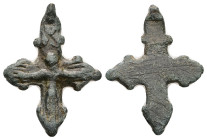AE Cross pendant. Middle Byzantine (AD 10th–11th centuries)
Bronze cross pendant; the arms rounded at the ends, each of which has a pair of lateral pr...