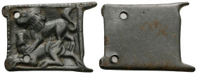 Medieval belt buckle (AD 12th–13th centuries)
Plate from a belt-buckle; bronze; square; in relief, mating lions.
Weight: 16.43 g.
Diameter: 50.53 mm....