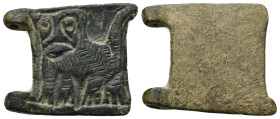 AE Medieval belt-buckle with lion (AD 12th–13th centuries)
Bronze buckle plate with a reserved low-relief profile lion in advancing pose.
Weight: 9.22...