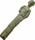 Eastern Greek. Archaic votive figurine. Kore with bird, 6th century BC
A lead figurine of a Kore (maiden) carrying a bird as an offering. The girl st...