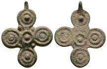 Pendant Cross. Middle Byzantine, 10thC-12thC.
Cruciform pendant; bronze; with circular terminals and a dot in the centre of each; loop at top.
Ref: Pa...