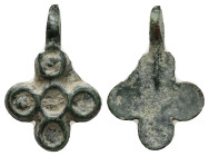 Pendant Cross. Middle Byzantine, 10thC-12thC.
Cruciform pendant; bronze; with circular terminals and a dot in the centre of each; loop at top.
Ref: Pa...