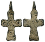 Pendant Cross. Middle Byzantine, 11thC.
Pendant Cross; bronze; cross patée, cast in one piece with loop for suspension.
Weight: 1.64 g.
Diameter: 28.8...