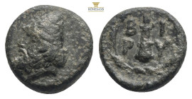 Troas, Birytis Æ11. Circa 350-300 BC. Head of Kabeiros left, wearing pileos; two stars above / Club within wreath. SNG München 170; SNG Copenhagen 249...