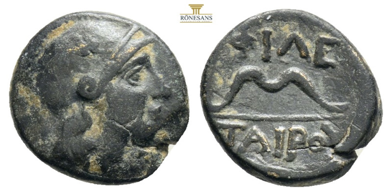 Pergamon, Mysia, c. 200-133 BC.
Obv. Helmeted head of Athena right.
Rev. ΦIΛE-TA...