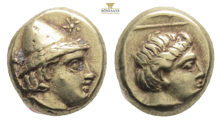 Lesbos, Mytilene EL Hekte. Circa 377-326 BC. Head of Kabeiros right, wearing pil...