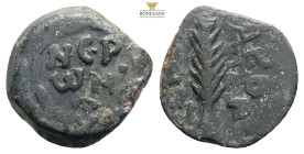 Judaea, Procurators. Porcius Festus (59-62 CE). Æ Prutah In the name of Nero. Jerusalem mint. Dated RY 5 of Nero (58/9 CE).
Obv. NЄP/ωNO/C in three li...