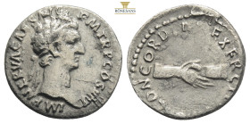 Nerva (AD 96-98). AR denarius Rome, AD 97. IMP NERVA CAES AVG P M TR P COS III P P, laureate head of Nerva right / CONCORDIA EXERCITVM, clasped hands....
