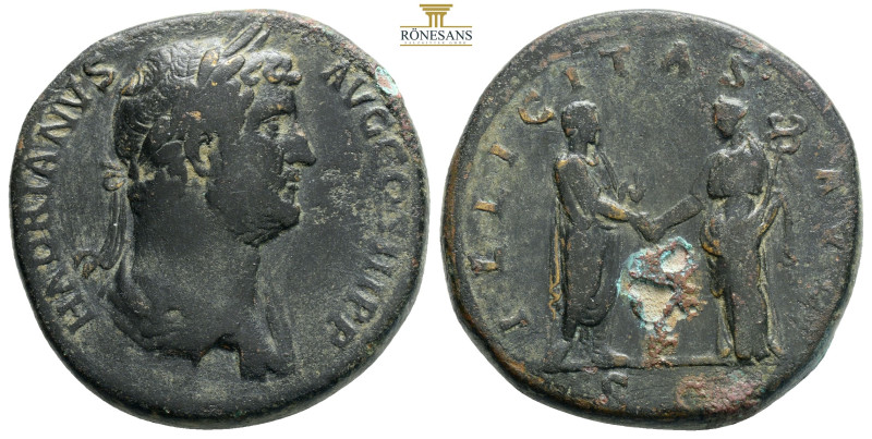 Hadrian Æ Sestertius. Rome, AD 134-138. HADRIANVS AVG COS III P P, bareheaded an...