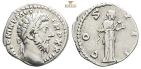 MARCUS AURELIUS (161-180). Denarius. Rome.
Obv: M ANTONINVS AVG TR P XXV.
Laureate head right.
Rev: COS III.
Salus standing right, feeding serpent hel...