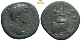 Marcus Aurelius, as Caesar, 139-161. Sestertius Rome, 153-154. AVRELIVS CAESAR AVG PII FIL Bare-headed and draped bust of Marcus Aurelius to right.
Re...