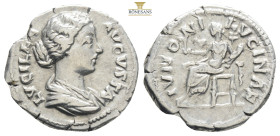 Lucilla AR Denarius. Rome, AD 163-169. LVCILLA AVGVSTA, draped bust right / IVNONI LVCINAE, Juno seated left, holding flower and infant. RIC 770; RSC ...