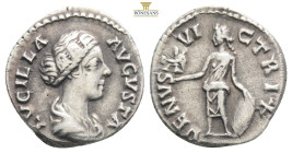 Lucilla AR Denarius. Rome, AD 164-169. LVCILLA AVGVSTA, draped bust right / VENVS VICTRIX, Venus standing left, holding Victory, leaning on shield wit...
