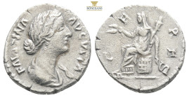 Faustina Junior, Augusta, 147-175. Denarius Rome. FAVSTINA AVGVSTA Draped bust of Faustina to right. Rev. CERES Ceres, veiled, seated to left on cista...