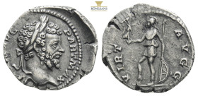 eptimius Severus AR Denarius. Rome, AD 202-120. SEVERVS AVG PART MAX, laureate bust right / VIRT AVGG, Virtus standing left, holding Victory, hand on ...