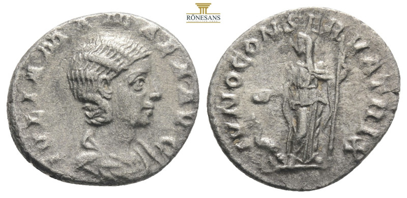 ROMAN EMPIRE. JULIA MAMEA. Denarius. Rome (222). R/ Juno to the left with patera...