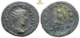 Gordian III. 238-244. Antoninian 243-244, bust with crown of rays, draping and cuirass to the right,
IMP GORDIANVS PIVS FEL AVG /
Fortuna with oar and...