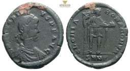 Arcadius. AD 383-408. Æ2
Struck A.D. 383. DN ARCADIVS PF AVG, pearl-diademed, draped and cuirassed bust right / GLORIA ROMANORVM, Arcadius standing ri...