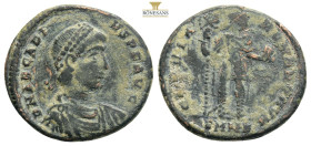 Arcadius. AD 383-408. Æ2
Struck A.D. 383. DN ARCADIVS PF AVG, pearl-diademed, draped and cuirassed bust right / GLORIA ROMANORVM, Arcadius standing ri...