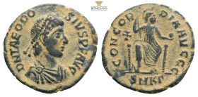 Theodosius I. A.D. 379-395. Æ Antioch. D N THEODO-SIVS P F AVG, pearl-diademed, draped and cuirassed bust of Theodosius I right / CONCOR-DIA AVGGG, Co...