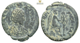 Aelia Eudoxia Æ Nummus. Cyzicus, AD 401-403. AEL EVDOXIA AVG, diademed and draped bust right, being crowned by the hand of God above / SALVS REIPVBLIC...