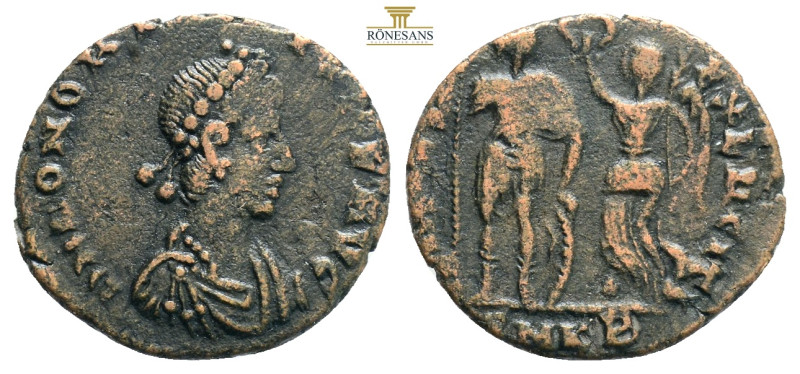 Honorius. AD 393-423. Æ Heraclea mint, 1st officina. Struck AD 395-401. Pearl-di...