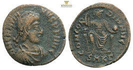 GRATIAN (367-383). Follis. Kyzikos.
Obv: DN GRATIANVS PF AVG.
Diademed, draped and cuirassed bust right.
Rev: CONCORDIA AVGGG / (cross) / SMKA.
Helmet...