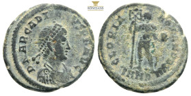 Arcadius. AD 383-408. Æ2
Struck A.D. 383. DN ARCADIVS PF AVG, pearl-diademed, draped and cuirassed bust right / GLORIA ROMANORVM, Arcadius standing ri...