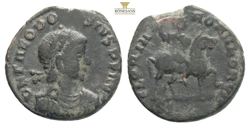 THEODOSIUS I. Follis. 392-395 AD Cyzicus. Obv: Diademed and draped bust of Theod...