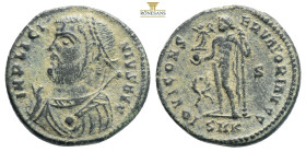 Licinius I, 308-324. Follis Cyzicus, 317-320. IMP LICINIVS AVG Laureate and draped bust of Licinius to left holding mappa in his right hand and globe ...